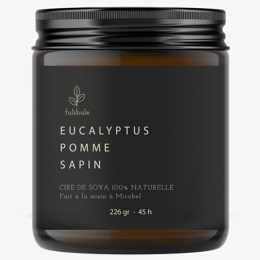 Bougie naturelle de soya, parfumée eucalyptus pomme sapin, Produit Québécois