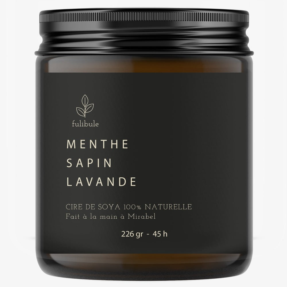 Bougie de soya parfumée, menthe, sapin et lavande. Produit québécois.